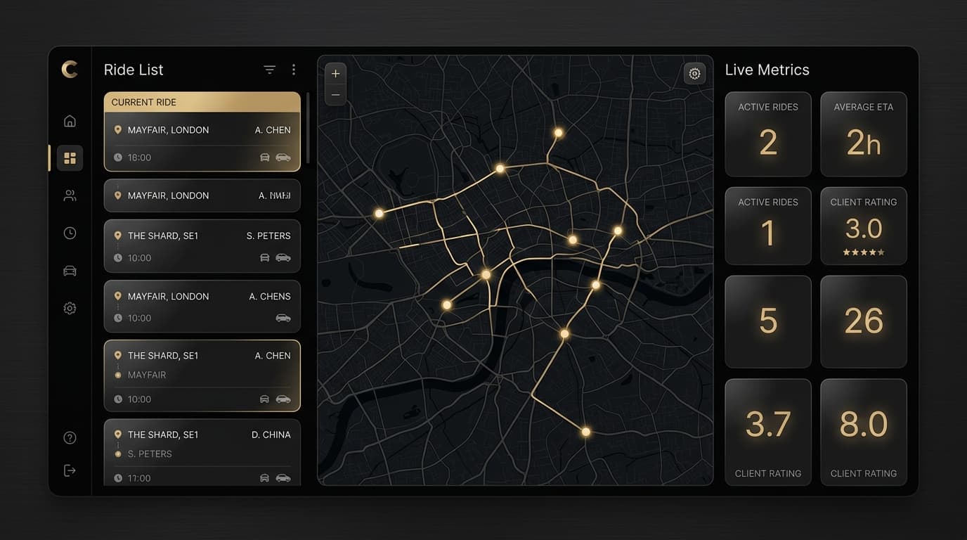 Alphas Elite dispatch platform dashboard showing real-time vehicle tracking and ride management
