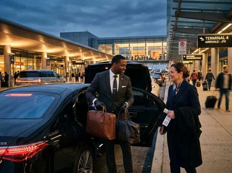 Professional chauffeur in a dark suit assisting an executive passenger with leather luggage outside JFK airport terminal at dusk