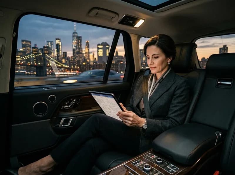 Executive passenger in luxury black leather cabin reviewing tablet with illuminated New York City skyline visible through the window