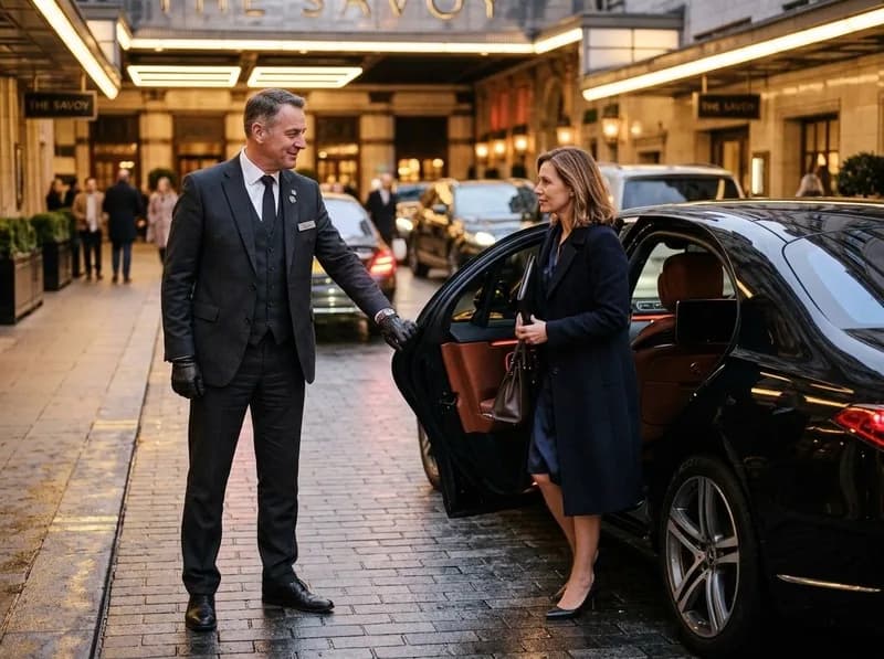 Professional suited chauffeur warmly holding open the luxury vehicle door for a business passenger outside a premier urban entrance