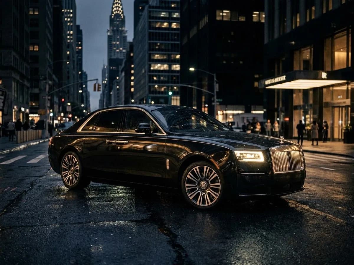 Flagship luxury black chauffeur executive sedan on a New York City avenue at night