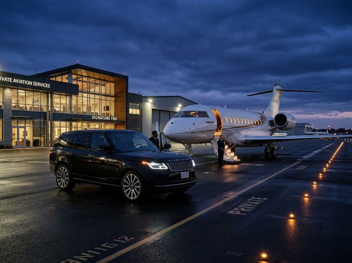 Luxury black executive SUV parked alongside a private business jet on the tarmac at Signature FBO Teterboro Airport at twilight
